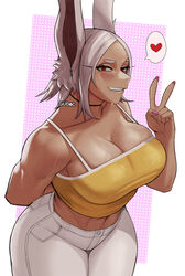 1girls 2023 abs animal_ears arm_behind_back artist_name belly_button biceps big_breasts blush blushing_at_viewer boku_no_hero_academia bottomwear breasts busty cleavage cleavage_overflow clothed clothed_female clothes clothing crop_top curvaceous curvy curvy_female dark-skinned_female dark_skin eyelashes female front_view fully_clothed gesture gud0c hi_res jeans large_breasts legs_together looking_at_viewer medium_hair midriff miruko muscular_arms muscular_female my_hero_academia nail_polish navel pants peace_sign pink_background pink_nails pose posing rabbit_ears rabbit_humanoid red_eyes rumi_usagiyama simple_background smile smiling smiling_at_viewer solo standing stomach straight_hair tank_top teeth thick_thighs thighs topwear usagiyama_rumi veiny_breasts voluptuous white_hair wide_hips rating:Questionable score:426 user:likemonster