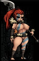 1girls abdominals abs arm_wrap arm_wrapping arm_wraps armed armor athletic athletic_female bardiche blacked_out_eyes blue_paint body_paint breasts brown_clothes brown_clothing clothed clothing cute_girl darkest_dungeon determined female female_only fur fur_collar fur_lined_clothing fur_trim grin grinning hand_wraps heart heart_cutout heart_icon heart_pendant hellion_(darkest_dungeon) holding holding_object holding_weapon human humanoid large_breasts leather_armor leg_wrap leg_wrapping leg_wrappings leg_wraps light-skinned_female light_skin long_hair long_ponytail mostly_nude mostly_nude_female muscular muscular_female naked nipples_visible_through_clothing nude nude_female paint pendant polearm ponytail pussy red_hair red_ponytail six_pack skimpy skimpy_armor skimpy_clothes skimpy_costume skimpy_outfit small_feet smile smiling solo solo_female stripes thick_thighs thighs triceps uncensored unconvincing_armor war_paint warpaint wild_hair xelsword rating:Explicit score:8 user:Space_alien