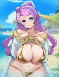 1girls artsheops beach bikini breasts female female_only gold_bikini green_eyes huge_breasts long_hair looking_at_viewer miriam_(pokemon) naughty_face nintendo outdoors pokemon pokemon_sv purple_hair smile solo thick_thighs voluptuous wide_hips rating:Questionable score:72 user:Aeolus_HX