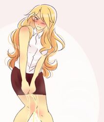 angry blonde_hair blush embarrassed kimura_kaere moonaurelia omorashi peeing peeing_self princessomo sayonara_zetsubou_sensei skirt skirt_tug urine urine_on_legs urine_stream wet_skirt wetting wetting_self rating:Explicit score:25 user:ghostmogul