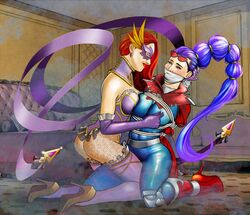 2girls bondage demon demon_girl evelynn eyewear_on_head female_only femdom high_heels kneeling latex latex_suit league_of_legends legacy_series lezdom long_hair mask masquerade_evelynn pinch pinching_nipples ponytail purple_hair red_hair sunglasses sunglasses_on_head vaybu vayne villain villainess rating:Explicit score:11 user:GoddessVayne