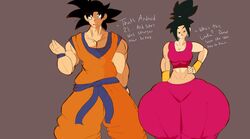 1boy 1girls black_eyes black_hair dragon_ball dragon_ball_super english_text kefla looking_at_viewer melissaalli ponytail smile son_goku standing text thick_thighs universe_6_saiyan/universe_7_saiyan wide_hips rating:Safe score:23 user:anon84048