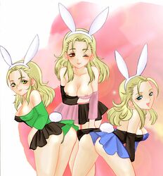 3girls animal_ears ass blonde_hair blue_eyes blush breasts bunny_ears bunny_girl_(dq8) bunny_tail clothing dragon_quest dragon_quest_viii dress erect_nipples erect_nipples_under_clothes female female_only green_eyes human loco_(shiosai_reach) long_hair looking_at_viewer medium_breasts multiple_girls nipples_visible_through_clothing open_mouth panties red_eyes smile tail uncensored white_skin wink rating:Explicit score:7 user:bot