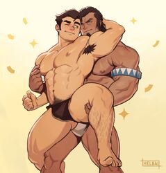 2boys abs absurdres age_difference armpit_hair armpits artist_name avatar_legends bara black_hair bolin bulge bulge_to_ass closed_mouth dark-skinned_male dark_skin dry_humping fundoshi gay highres holding_another's_leg humping imminent_anal imminent_penetration japanese_clothes large_pectorals leg_around_around_another's_leg leg_hair looking_at_another male/male male_focus male_only mature_male multiple_boys muscular muscular_male navel navel_hair nipple_tweak nipples one_eye_closed pectorals short_hair smile sparkle_background the_legend_of_korra thick_thighs thighs tonraq whyhelbram yaoi rating:Explicit score:79 user:bot