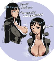 1girls 2023 big_areola big_nipples black_hair blue_eyes breast_slip breasts_bigger_than_head brown_nipples bursting_breasts dark-skinned_female dark_nipples dark_skin english_text female female_only huge_breasts large_breasts long_hair nico_robin nipple_slip nipples one_piece pre-timeskip pseudocel shounen_jump solo solo_female suit rating:Explicit score:363 user:Duncan33303