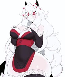 big_breasts black_dress breasts cleavage clothed clothing elbow_gloves female heart heart_eyes helltaker long_hair modeus_(helltaker) red_eyes solo thick_thighs thunder_thighs usa37107692 white_hair rating:Questionable score:269 user:Eraton