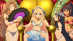 2014 4girls alternate_ending belly_dancer belly_dancer_outfit big_breasts black_hair blonde_hair breasts closed_eyes daidouji_(senran_kagura) dirty_blonde_hair dominant_female female female_only femdom femsub good_ending green_eyes harem harem_girl harem_outfit harem_w homura_(senran_kagura) katsuragi_(senran_kagura) lezdom long_hair marvelous mirai_(senran_kagura) multiple_girls official_art senran_kagura senran_kagura_(series) servant slave slavegirl small_dom_big_sub smug_face tanned_female throne throne_room yaegashi_nan yuri rating:Questionable score:64 user:Trorionz