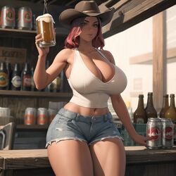 ai_generated beer beer_mug big_breasts calamity_(fortnite) cixf cowboy_hat daisy_dukes dark-skinned_female fortnite fortnite:_battle_royale holding_beer huge_breasts huge_thighs navel smile tank_top thick_thighs rating:Explicit score:108 user:cixf