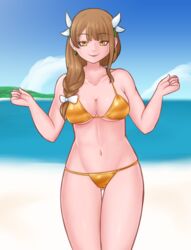 1girls alternate_costume ass_visible_through_thighs bangs bare_arms bare_thighs beach bikini braid breasts brown_hair cleavage day female female_only fire_emblem fire_emblem_engage gold_bikini gold_swimsuit goldmary_(fire_emblem) hair_over_shoulder large_breasts looking_at_viewer medium_hair nintendo obsidianwasp ocean outdoors side_ponytail smile solo swimsuit thighs underboob yellow_bikini yellow_eyes yellow_swimsuit rating:Questionable score:10 user:kris923