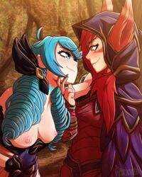 blue_eyes blue_hair breasts claws clothed gwen_(league_of_legends) khartemis league_of_legends long_hair medium_breasts nipples pink_nipples red_hair riot_games smile xayah yellow_eyes yuri rating:Explicit score:131 user:warzone34