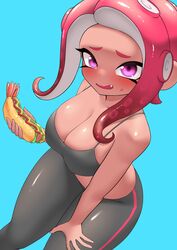 1girl 1girls above_view agent_8_(splatoon) awkward awkward_situation awkward_smile big_breasts blush breasts cleavage cleavage_overflow dark-skinned_female dark_skin fat_breasts food hand_on_thigh holding_food huge_breasts large_breasts legwear looking_at_viewer nobunagapero octoling octoling_girl peronattu pink_eyes pink_hair pink_skin splatoon splatoon_(series) splatoon_2 sports_bra tank_top tentacle tentacle_hair thick_breasts thick_thighs thighs tight_clothing rating:Questionable score:133 user:NTK69420