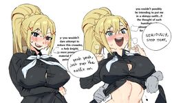 black_shirt blonde_hair blue_eyes blush breasts button_gap darkness_(konosuba) dialogue english_text female female_focus hair_ornament hands_up kono_subarashii_sekai_ni_shukufuku_wo! large_breasts long_hair neck_ribbon open_mouth partially_unbuttoned ponytail ribbon shirt simple_background smile speech_bubble upper_body white_background white_ribbon whoopsatro x_hair_ornament rating:Safe score:104 user:Pelucagada