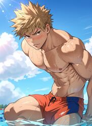 1boy ai_generated blush blushing_at_viewer blushing_male bobsi bottomwear gay katsuki_bakugou male male_only muscular muscular_male my_hero_academia nipples topless yaoi rating:Explicit score:86 user:usuenr