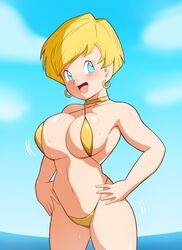 1girls big_breasts bikini blonde_hair blue_background blue_eyes blush bottle breasts cleavage clothed clothed_female collarbone dragon_ball dragon_ball_z earrings erasa female female_only hands_on_hips hips hort_hair navel shounen_jump solo solo_female standing tikin_kunn wide_hips rating:Questionable score:54 user:Freezer88