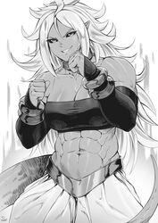 1girls abs absurd_res android_21 android_21_(evil) arabian_clothes athletic_female belly_button big_breasts black_sclera dragon_ball dragon_ball_fighterz harem_outfit hi_res jewelry majin_android_21 muscular_arms muscular_female navel posing posing_for_the_viewer signature six_pack smile smiling_at_viewer solo solo_female speedl00ver spiked_hair spiky_hair tail white_background white_hair rating:Safe score:62 user:Chfuzz21