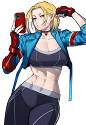 1girls blonde_hair blue_eyes breasts cammy_white capcom choker cleavage female female_focus female_only fully_clothed ratatatat74 smartphone solo solo_focus sports_bra sportswear street_fighter street_fighter_6 taking_picture yoga_pants rating:Questionable score:225 user:Zabior