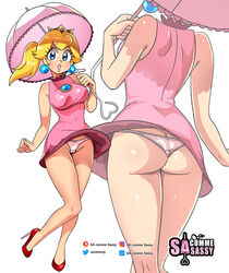 1girls artist_name artist_signature ass blonde_hair blue_eyes crown dress earrings female female_only heels hi_res long_hair looking_at_viewer mario_(series) mario_tennis nintendo panties pink_lipstick ponytail princess_peach sasatseng smiling smiling_at_viewer solo umbrella white_background rating:Questionable score:133 user:!nner$elf89