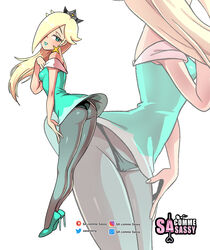 1girls artist_name artist_signature ass bimbo blonde_hair crown dress earrings female female_only green_eyes green_lipstick hair_over_one_eye heels hi_res high_heels long_hair looking_at_viewer mario_(series) mario_tennis narrowed_eyes nintendo panties panties_under_pantyhose pantyhose princess_rosalina sasatseng small_breasts smiling smiling_at_viewer solo white_background rating:Questionable score:136 user:!nner$elf89