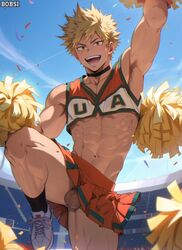 1boy ai_generated ambush_(trap) armpits bakugou_katsuki balls balls_out bobsi cheerleader cheerleader_outfit crossdressing gay happy katsuki_bakugou male male_cheerleader male_only muscular muscular_legs muscular_male my_hero_academia no_panties no_underwear skirt smile solo yaoi rating:Explicit score:121 user:usuenr