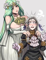 !? 2girls absurdres bojinkoo breast_press breasts cleavage commission cosita_art dress edelgard_von_hresvelg female_only femdom fire_emblem fire_emblem:_three_houses flower_in_hair fully_clothed garreg_mach_monastery_uniform gloves green_eyes green_hair grey_hair hair_ornament highres jewelry large_breasts lips long_hair mature mature_female multiple_girls nintendo open_mouth pressing_against purple_eyes rhea_(fire_emblem) silver_hair size_difference small_breasts surprised teeth thick_thighs voluptuous white_dress white_gloves white_hair wide_hips yuri rating:Questionable score:111 user:nobodyyet