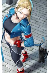 1girls absurdres black_cat black_choker black_pants black_sports_bra blonde_hair blue_eyes blue_jacket cammy_white capcom choker feline female female_focus fully_clothed gloves hands_on_own_hips highres jacket looking_down pants red_gloves smile sports_bra street_fighter street_fighter_6 yoshi55level yoshio_(55level) rating:Questionable score:66 user:Ballisthick