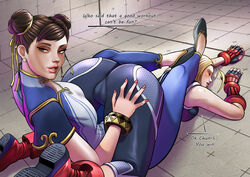 2girls antenna_hair armored_gloves ass ass_up big_ass black_footwear black_pants black_sports_bra blonde_hair blue_dress blue_leggings blush boots brown_eyes brown_hair cameltoe cammy_white capcom china_dress chinese_clothes chun-li closed_eyes defeat double_bun dress earrings english_text eyeshadow face_down_ass_up female female_only flats hair_bun hand_on_another's_ass hi_res jewelry leggings makeup multiple_girls on_floor pants rankgo red_footwear red_nails short_hair sports_bra street_fighter street_fighter_6 stud_earrings text thick_thighs thighs top-down_bottom-up training_stage yoga_pants yuri rating:Questionable score:171 user:goplaykof