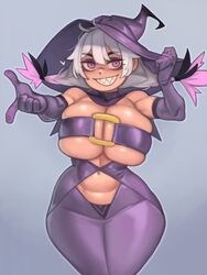 1girls belt_bra breasts cleavage female halloween hat hi_res huge_breasts kelvin_hiu large_breasts large_hat light-skinned_female light_skin original original_character purple_eyes sharp_teeth thick_thighs violet_(kelvin_hiu) white_hair wide_hips witch_hat rating:Questionable score:91 user:Aeolus_HX