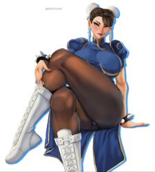 1girls 2023 big_breasts blush boots brown_eyes brown_hair capcom chinese_clothes chun-li crossed_legs female female_only hair_bun hi_res huge_breasts looking_at_viewer mr_sithums pantyhose sitting smiling smiling_at_viewer solo spiked_bracelet street_fighter thick_thighs twin_buns white_background wide_hips rating:Questionable score:99 user:!nner$elf89