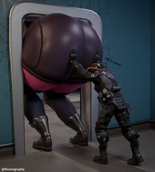 boots doonography female fortnite fortnite:_battle_royale gloves green_eyes harlowe_(fortnite) huge_ass jacket pink_skin shorts stuck_in_door text thighhighs white_hair rating:Explicit score:22 user:Bozoking