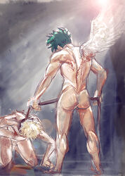 blood collar collar_and_leash darkline gay injury katsuki_bakugou leash male male_only missing_wing my_hero_academia nude_male on_knees tagme yaoi rating:Explicit score:6 user:usuenr