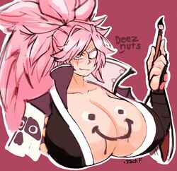 1girls 2d artist_name baiken brush cleavage clothed_female color drawing eyepatch female female_only guilty_gear huge_breasts humor ink kimono pink_hair ponytail scar simple_background smiley_face smug tecfuzz rating:Questionable score:98 user:Shootymcface