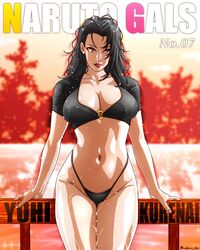 arm_support barely_clothed big_breasts bikini black_hair breasts character_name commentary crop_top curvaceous g-string kurenai_yuhi lipstick magazine_cover makeup mature mature_female midriff milf mostly_nude naruto naruto_(series) naruto_shippuden oppai pinup railing red_eyes revealing_swimsuit saburo_des seductive seductive_eyes seductive_look seductive_smile soaked text wet wet_body wet_hair wet_skin yuuhi_kurenai rating:Questionable score:175 user:Maelstromx