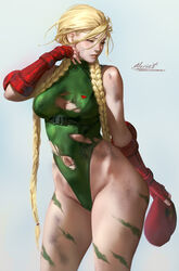 aleriia_v battle blonde_hair bodysuit cammy_white capcom damaged_clothes elbow_gloves fit_female lerapi small_breasts street_fighter thick_thighs twintails rating:Explicit score:62 user:lewdjoi