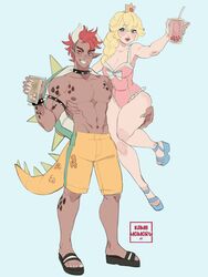 1boy 1boy1girl 1girls armlet bare_arms bare_shoulders black_footwear blonde_hair blue_background blue_eyes blue_footwear blush body_markings bowser braid breasts bubble_tea claws cleavage collar crown cup dragon_tail earrings female fingernails full_body grin hair_between_eyes hair_over_shoulder highres holding holding_cup horns jewelry kamii_momoru long_hair mario_(series) medium_breasts mini_crown muscular muscular_male nintendo one-piece_swimsuit pale_skin parted_lips personification pink_one-piece_swimsuit pointy_ears princess_peach red_eyes red_hair sandals scales sharp_fingernails shell shorts sidelocks smile spiked_armlet spiked_collar spikes swimsuit tail tan teeth thick_eyebrows thighs topless_male wedge_heels yellow_shorts rating:Safe score:49 user:Riflemanharris