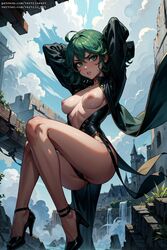 1girls ai_generated bell_haircut black_dress exposed_breasts female_only floating green_hair heels high_heels one-punch_man revealing_clothes tagme tatsumaki unhappy_female vertiloart rating:Explicit score:238 user:VertiloArt