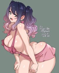 1girls apron artist_name ass_cleavage butt_crack cleavage green_eyes original pink_clothing purple_hair ryo_agawa solo tagme rating:Questionable score:113 user:k0zeh0ku