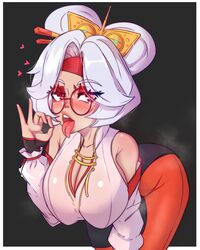 1girls big_breasts blush breasts cleavage clothing eyewear fellatio_gesture female female_only gesture glasses hair hair_bun hair_ornament heart heart heart-shaped_pupils huge_breasts lips marko141 nintendo open_mouth purah purah_(tears_of_the_kingdom) red_eyes red_glasses solo solo_female steam steaming_body tears_of_the_kingdom the_legend_of_zelda tongue tongue_out white_hair rating:Explicit score:213 user:daft_human