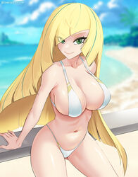 1girls beach big_breasts bikini blonde_hair blurry_background deepspace eyebrows_visible_through_hair huge_breasts looking_at_viewer lusamine_(pokemon) nintendo pinup pokemon pokemon_sm swimsuit water white_bikini rating:Explicit score:73 user:DeepSpace