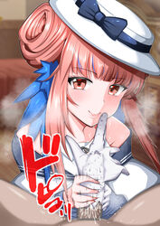 1boy 1girls arknights blush ceylon_(arknights) clothed_female_nude_male cum cum_in_glove doriane_dojinsh eyebrows_visible_through_hair glovejob gloves handjob hat indoors light-skinned_female light-skinned_male light_skin looking_at_viewer male_pov penis pink_eyes pink_hair pov smile white_gloves rating:Explicit score:52 user:A_perv_with_a_controller