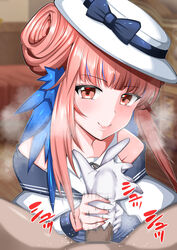 1boy 1girls arknights blush ceylon_(arknights) clothed_female_nude_male doriane_dojinsh eyebrows_visible_through_hair glovejob gloves handjob hat indoors light-skinned_female light-skinned_male light_skin looking_at_viewer male_pov penis pink_eyes pink_hair pov smile white_gloves rating:Explicit score:15 user:A_perv_with_a_controller