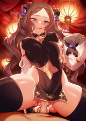 1boy 1girls ass_visible_through_thighs bare_shoulders black_dress black_thighhighs blue_eyes blush breasts brown_hair censored china_dress chinese_clothes cleavage_cutout clothing_cutout covered_nipples cowgirl_position detached_sleeves double_bun dress fate/grand_order fate_(series) female flower forehead gold_trim guided_penetration hair_bun hair_flower hair_ornament hairclip has_uncensored_version highres leonardo_da_vinci_(fate) leonardo_da_vinci_(fate/grand_order) leonardo_da_vinci_(rider)_(fate) licking_lips long_hair looking_at_viewer m-da_s-tarou male_pubic_hair medium_breasts mosaic_censoring nail_polish open_mouth parted_bangs pelvic_curtain pubic_hair purple_nails sex short_dress side_slit smile spread_legs straddling straight sweat tassel thighhighs thighs tongue tongue_out vaginal_penetration variant_set rating:Explicit score:278 user:bot