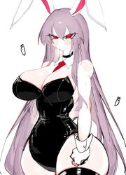 1girls angry angry_face big_breasts big_thighs blush bunny_ears bunny_girl bunny_tail bunnysuit cleavage curvy curvy_figure detached_collar detached_sleeves eyes_visible_through_hair female light-skinned_female long_hair purple_hair red_eyes reisen_udongein_inaba stockings sweat thick_thighs thighs touhou usa37107692 white_background rating:Questionable score:108 user:KappaNitori