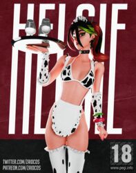 1girls 3d 3d_(artwork) alternate_version_available apron arms arms_up artist_name bare_shoulders belly belly_button black_hair bracelet breasts choker closed_mouth clothed clothing covered_breasts covered_nipples cow_print cow_print_armwear cow_print_bikini cow_print_legwear cow_print_panties cowprint_lingerie digital_media_(artwork) ear_piercings facing_viewer female female_focus female_only fingernails fingers fortnite front_view glass_cup green_eyes green_hair hair hands helsie_(fortnite) hips image kneesocks legs legs_together legwear light_skin looking_at_viewer multicolored_hair navel open_eyes partially_clothed patreon_username red_hair serving_drink serving_tray short_hair shoulders sole_female spiked_bracelet spiked_collar standing stomach text thigh_gap thighs thin_waist twitter_username waist zaidcos rating:Questionable score:40 user:dgdgdgd