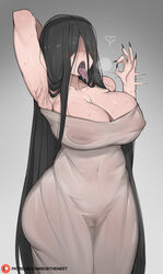 armpits arms_behind_head black_hair blush bobtheneet breasts censored cleavage covered_erect_nipples dress fellatio_gesture female fingernails ghost_girl hair_over_eyes highres huge_breasts no_panties open_mouth sharp_fingernails solo standing sweat the_ring thighs tongue tongue_out yamamura_sadako rating:Explicit score:649 user:HornyMilf.