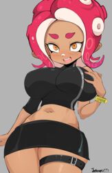 3rd_party_edit agent_8_(splatoon) artist_signature big_breasts clothing edit edited erect_nipples_under_clothes hourglass_figure jellcaps midriff navel nintendo octoling octoling_girl orange_eyes red_hair splatoon splatoon_(series) splatoon_2 splatoon_2:_octo_expansion sweat thick_thighs thighs tight_clothing wide_hips rating:Questionable score:148 user:StrgtOctoBoi