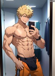 1boy abs aged_up ai_generated bathroom bathroom_selfie big_bulge black_underwear blonde_hair bobsi bulge gay katsuki_bakugou male male_nipples male_only mirror_selfie muscular_arms muscular_male my_hero_academia pecs pubic_hair serratus serratus_anterior smiling solo spiky_hair tight_pants_(meme) underwear v-line watch wrist_watch yellow_eyes rating:Explicit score:149 user:deleted106816