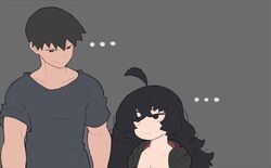 ... 1boy 1girls 2023 annoyed annoyed_expression black_eyes black_hair duo duo_focus female fully_clothed grey_background imminent_sex larger_male long_hair looking_at_partner male original original_character short_hair size_difference smaller_female vammzu rating:Safe score:140 user:captaintag