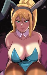 1girls 2023 aqua_eyes big_breasts blonde_hair blush bunny_ears bunny_ears_(cosmetic) bunnysuit detached_collar female female_only hi_res karbuitt long_hair looking_at_viewer metroid mole mole_under_mouth nintendo pantyhose samus_aran sitting solo year_of_the_rabbit rating:Explicit score:64 user:!nner$elf89