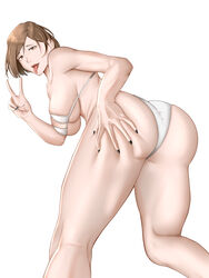  ass ass_focus big_breasts breasts brown_eyes brown_hair from_behind jujutsu_kaisen kugisaki_nobara littles19 looking_at_viewer looking_back open_legs panties self_upload short_hair smile smiling solo solo_female thick_thighs tongue tongue_out underwear undressed v  rating:explicit score: user:littles19