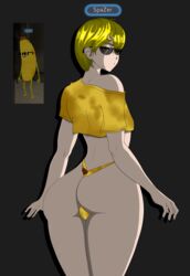  1boy artist_name ball_bulge banana big_ass femboy human legs_together looking_at_viewer looking_back male male_only male_thong no_visible_genitalia ogharu panties thick_thighs vrchat vrchat_avatar yellow_eyes yellow_hair  rating:questionable score: user:ogharuu